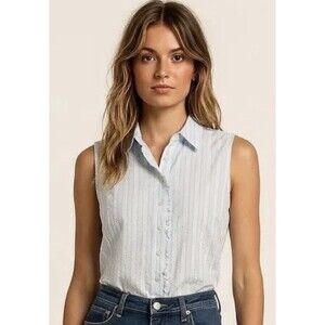 NWT Lands End Women’s Button Down Ruffle Tank Top Light Blue White Green Size 18